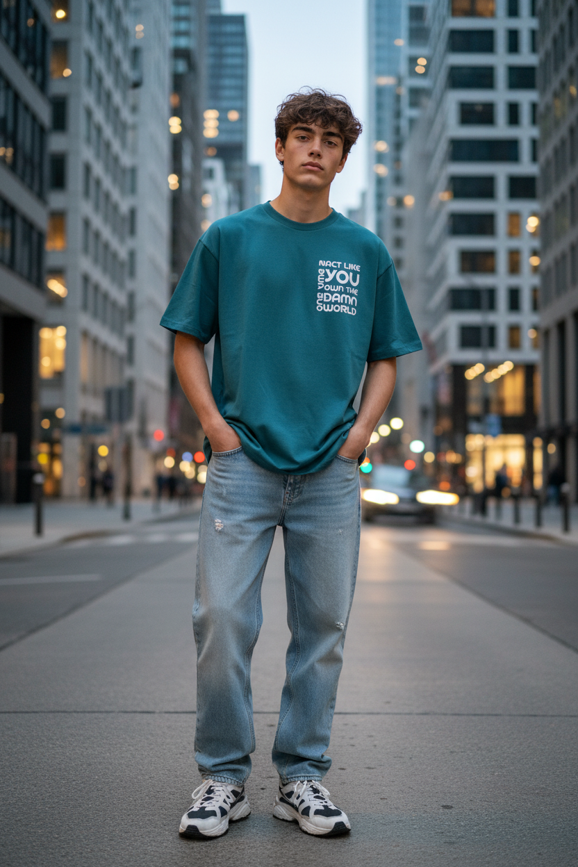Man in teal tee urban city