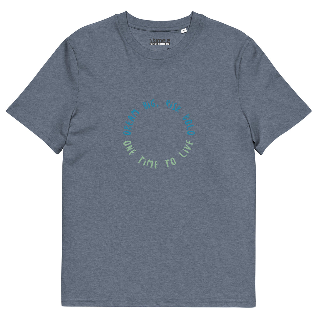 1TIME2 Dream Big organic tee in Dark Heather Blue, front view