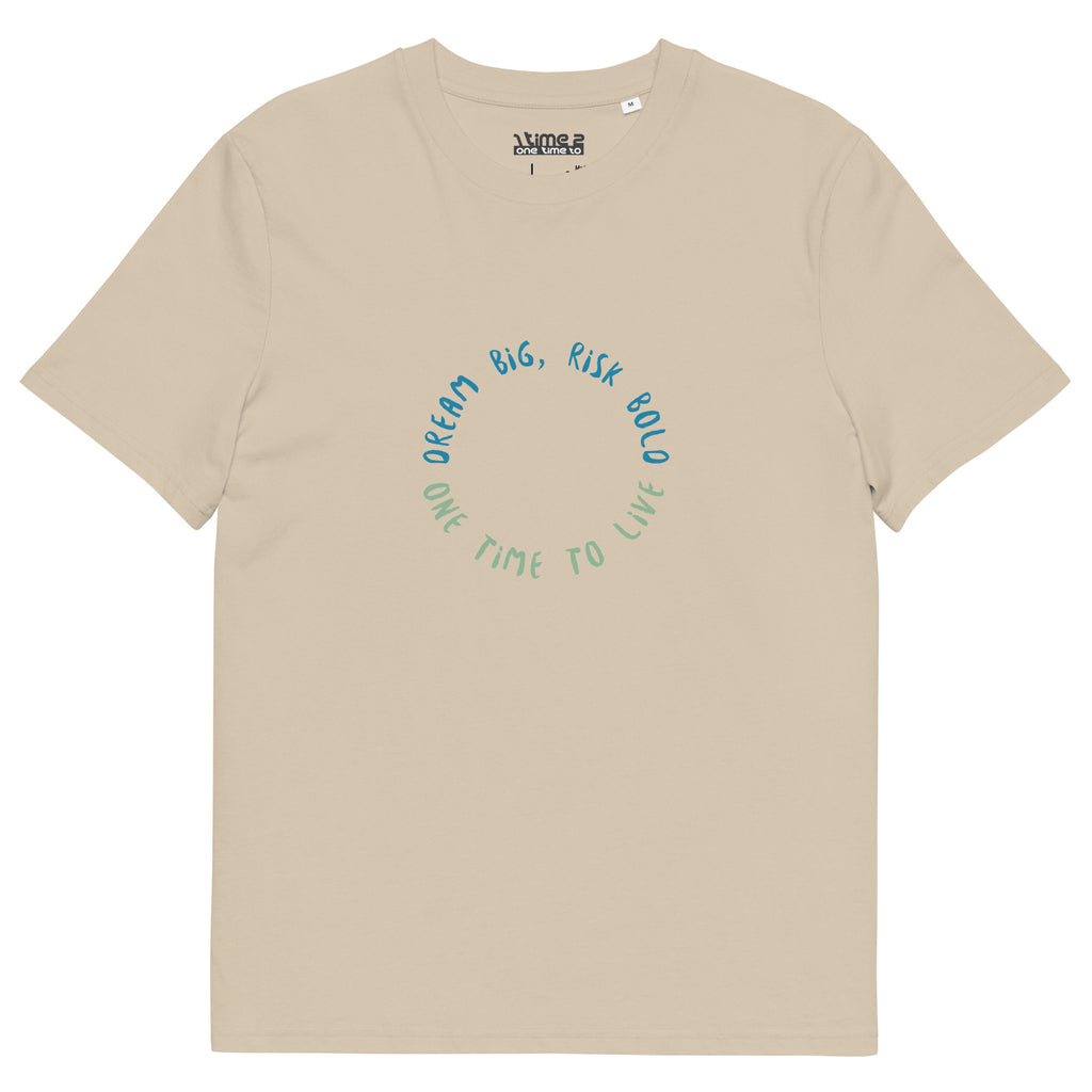 1TIME2 Dream Big organic tee in Desert Dust, front view