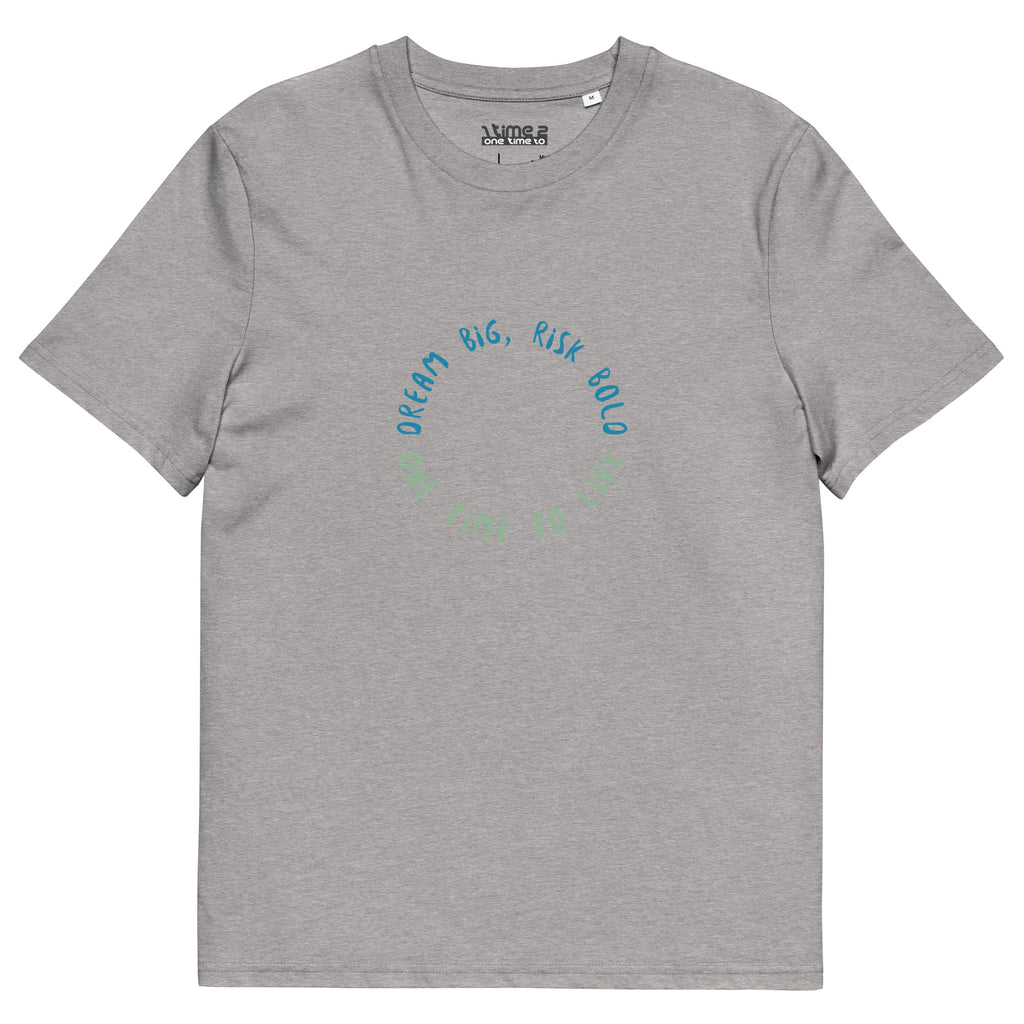 1TIME2 Dream Big organic tee in Heather Grey, front view