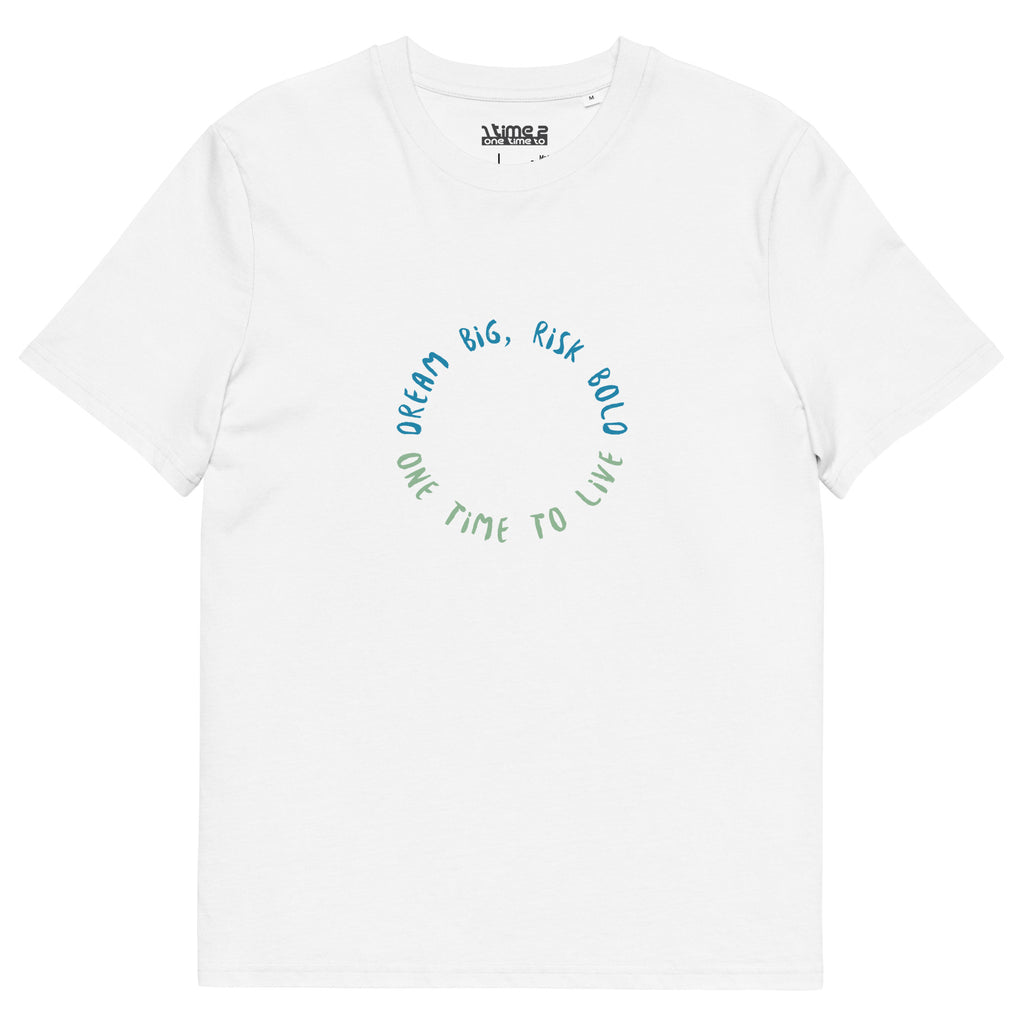 1TIME2 Dream Big organic tee in White, front view
