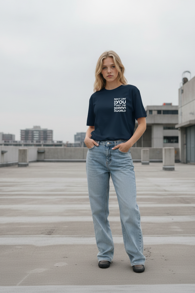 Woman in navy tee urban city